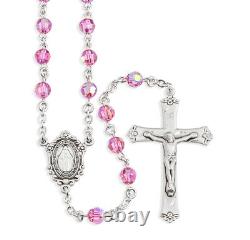 Sterling Silver Pink Iridescent Cut Glass Bead Miraculous Medal Rosary, 6mm