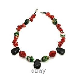 Sterling Silver Red Cinnabar Onyx Art Glass Coral Beaded Necklace Chinese 12230