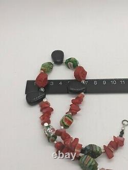 Sterling Silver Red Cinnabar Onyx Art Glass Coral Beaded Necklace Chinese 12230