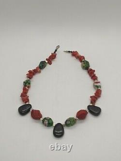 Sterling Silver Red Cinnabar Onyx Art Glass Coral Beaded Necklace Chinese 12230