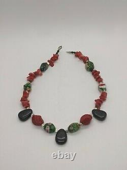 Sterling Silver Red Cinnabar Onyx Art Glass Coral Beaded Necklace Chinese 12230