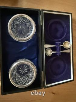 Sterling Silver Rimmed Cut Glass Salt Cells With Spoons And Case