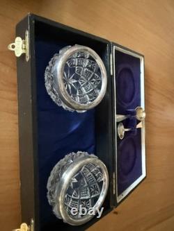 Sterling Silver Rimmed Cut Glass Salt Cells With Spoons And Case Sterling Silver Rimmed Cut Glass Salt Cells With Spoons And Case