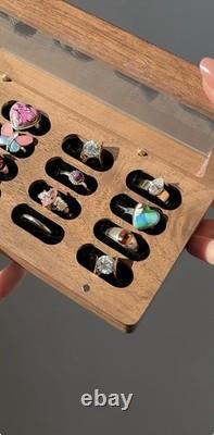 Sterling Silver Ring Lot + Walnut & Glass Tray with Lid READ