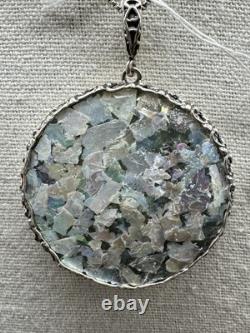 Sterling Silver Roman Glass Pendant Necklace PZ Israel Round Vintage Style