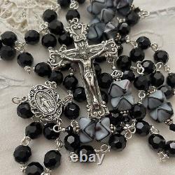 Sterling Silver Rosary, Black Onyx & Art Glass, Crystal, Miraculous Handmade