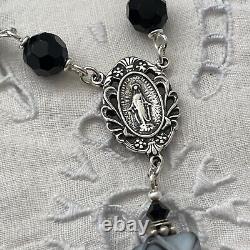 Sterling Silver Rosary, Black Onyx & Art Glass, Crystal, Miraculous Handmade