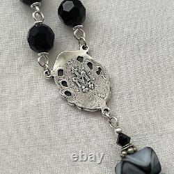 Sterling Silver Rosary, Black Onyx & Art Glass, Crystal, Miraculous Handmade