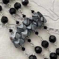 Sterling Silver Rosary, Black Onyx & Art Glass, Crystal, Miraculous Handmade