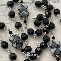 Sterling Silver Rosary, Black Onyx & Art Glass, Crystal, Miraculous Handmade