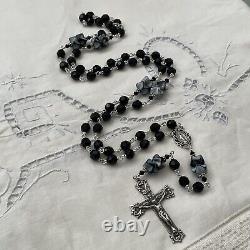 Sterling Silver Rosary, Black Onyx & Art Glass, Crystal, Miraculous Handmade