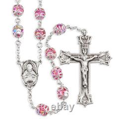 Sterling Silver Rosary Hand Made with Cut Glass 8mm Double Capped Pink Beads