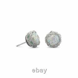 Sterling Silver Round Ancient Roman Glass Stud Earrings with Woven Wire Mesh