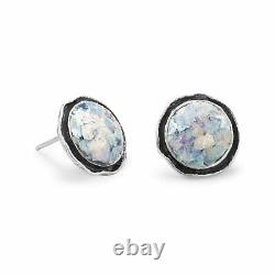 Sterling Silver Round Oxidized Edge Ancient Roman Glass Earrings