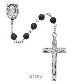 Sterling Silver Sacred Heart Black Glass Beaded Prayer Bead Rosary for Men