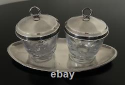 Sterling Silver Spain Jam Sugar Glass Jars with Stand Tray