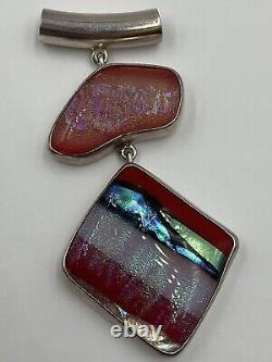 Sterling Silver Striped Red & Blue Glass Art Pendant