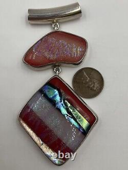 Sterling Silver Striped Red & Blue Glass Art Pendant