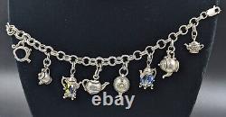 Sterling Silver Teapot Tea Kettle Glass & SwarovskiBead Charms Bracelet 925 D043