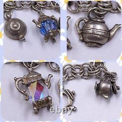 Sterling Silver Teapot Tea Kettle Glass & SwarovskiBead Charms Bracelet 925 D043