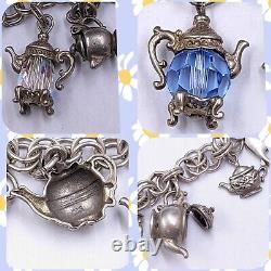 Sterling Silver Teapot Tea Kettle Glass & SwarovskiBead Charms Bracelet 925 D043