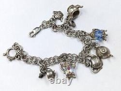 Sterling Silver Teapot Tea Kettle Glass & SwarovskiBead Charms Bracelet 925 D043