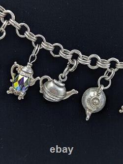 Sterling Silver Teapot Tea Kettle Glass & SwarovskiBead Charms Bracelet 925 D043