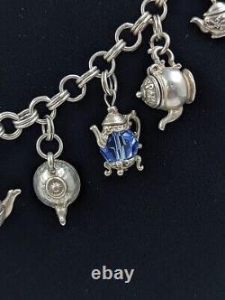 Sterling Silver Teapot Tea Kettle Glass & SwarovskiBead Charms Bracelet 925 D043