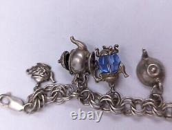 Sterling Silver Teapot Tea Kettle Glass & SwarovskiBead Charms Bracelet 925 D043