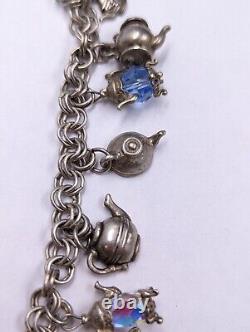 Sterling Silver Teapot Tea Kettle Glass & SwarovskiBead Charms Bracelet 925 D043