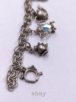 Sterling Silver Teapot Tea Kettle Glass & SwarovskiBead Charms Bracelet 925 D043