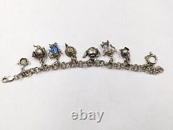 Sterling Silver Teapot Tea Kettle Glass & SwarovskiBead Charms Bracelet 925 D043