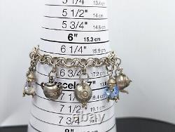 Sterling Silver Teapot Tea Kettle Glass & SwarovskiBead Charms Bracelet 925 D043