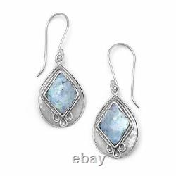 Sterling Silver Textured Pear Ancient Roman Glass Earrings