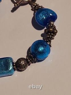 Sterling Silver Vintage Bracelet Blue Glass Toggle Design Charm Bracelet