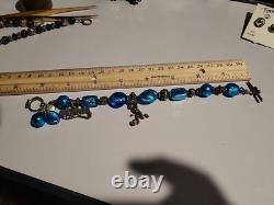 Sterling Silver Vintage Bracelet Blue Glass Toggle Design Charm Bracelet