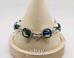 Sterling Silver Vintage Native Mexico Dichroic Glass Toggle Chain Bracelet 8