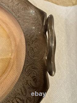 Sterling Silver on Glass ANTIQUE Serving Plat Curved Glass & Intricate Art WOW