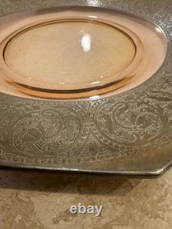 Sterling Silver on Glass ANTIQUE Serving Plat Curved Glass & Intricate Art WOW