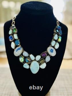 Sterling Silver with 27 Glass & Stone Cabachons LUXURY Mogul Statement Necklace