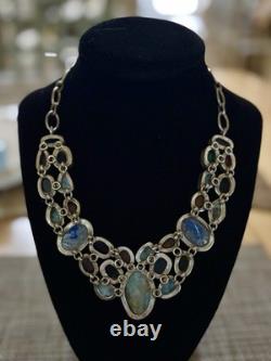 Sterling Silver with 27 Glass & Stone Cabachons LUXURY Mogul Statement Necklace