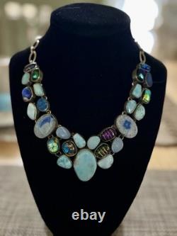 Sterling Silver with 27 Glass & Stone Cabachons LUXURY Mogul Statement Necklace
