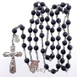 Sterling Silver with Cut Crystal Black Glass Beads Catholic Rosary Crucifix M731