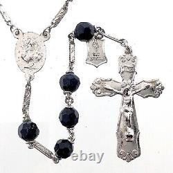 Sterling Silver with Cut Crystal Black Glass Beads Catholic Rosary Crucifix M731