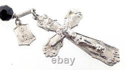 Sterling Silver with Cut Crystal Black Glass Beads Catholic Rosary Crucifix M731