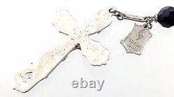 Sterling Silver with Cut Crystal Black Glass Beads Catholic Rosary Crucifix M731