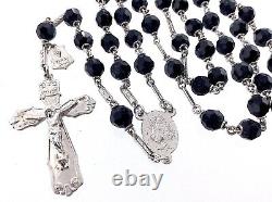 Sterling Silver with Cut Crystal Black Glass Beads Catholic Rosary Crucifix M731