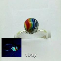 Sterling Size 7 Uranium Glass Ring Rainbow Swirl Art Glass Vaseline Glass