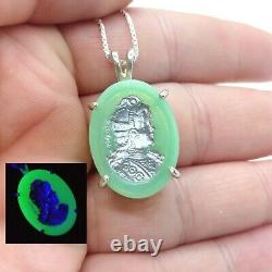 Sterling Uranium Glass Cameo Necklace 925 Silver Vaseline Glass