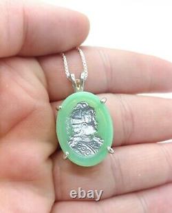 Sterling Uranium Glass Cameo Necklace 925 Silver Vaseline Glass